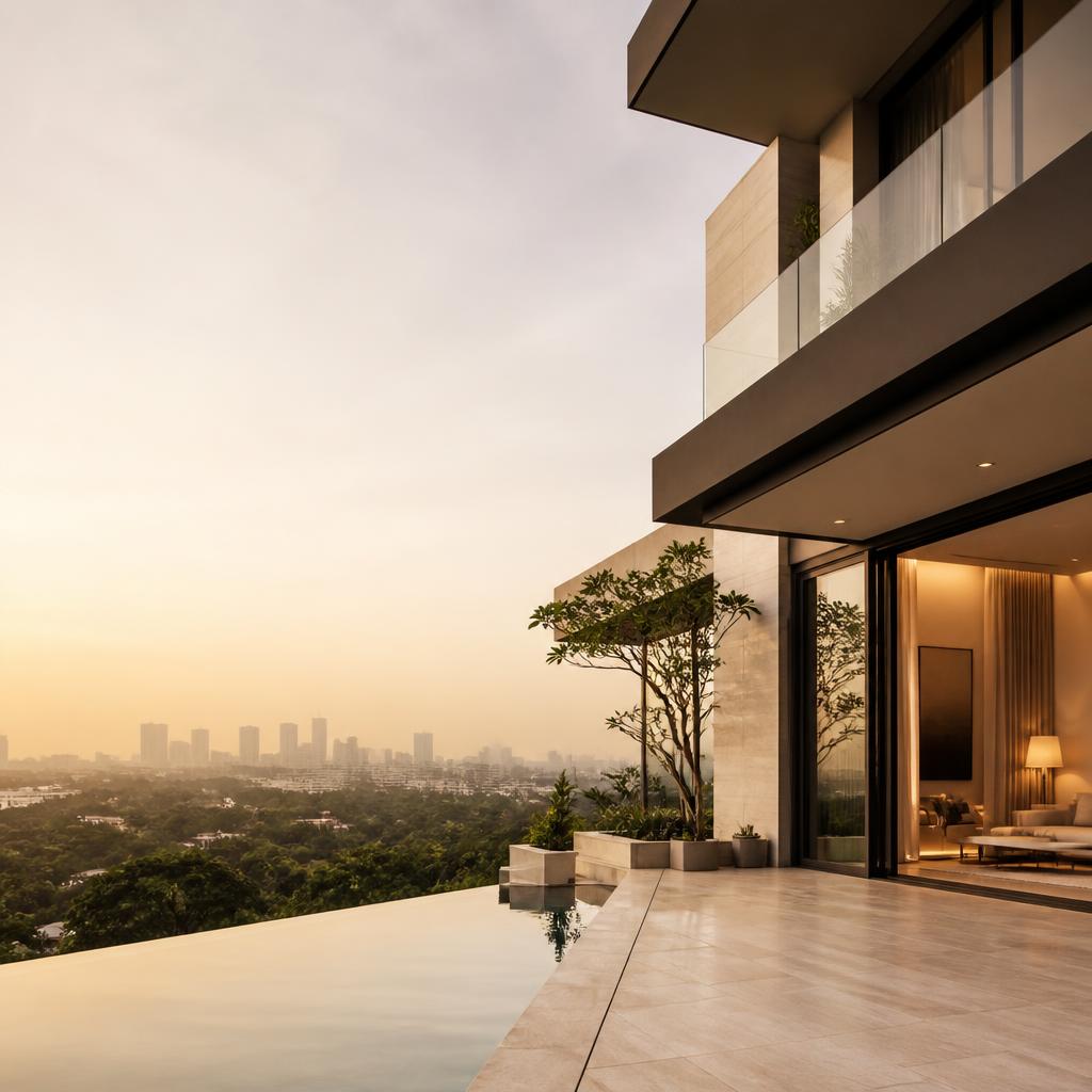 Modern Bangalore residence at golden hour with an infinity pool, greenery and distant skyline